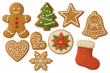 Gingerbread christmas cookies collection with various shapes and icing details on transparent background