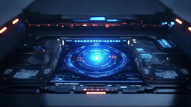 Futuristic control panel displaying a glowing blue digital interface with data visualization, representing advanced technology, artificial intelligence, and cybersecurity concepts