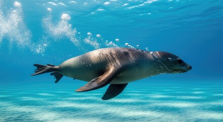 Fototapeta premium Graceful Sea Lion Swimming Underwater in Clear Blue Ocean.