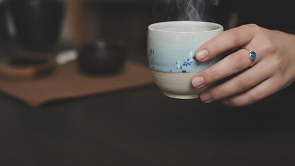 Person Holding Ceramic Tea Cup with Hand and Ring.