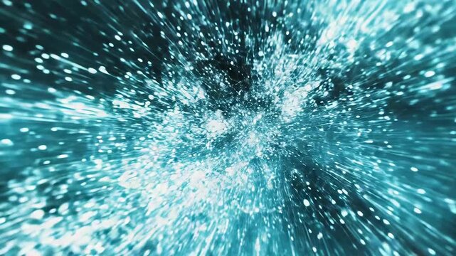 Abstract cosmic burst of glowing particles and light rays radiating through deep blue space, suggesting futuristic wormhole travel, hyperspeed motion and infinite exploration