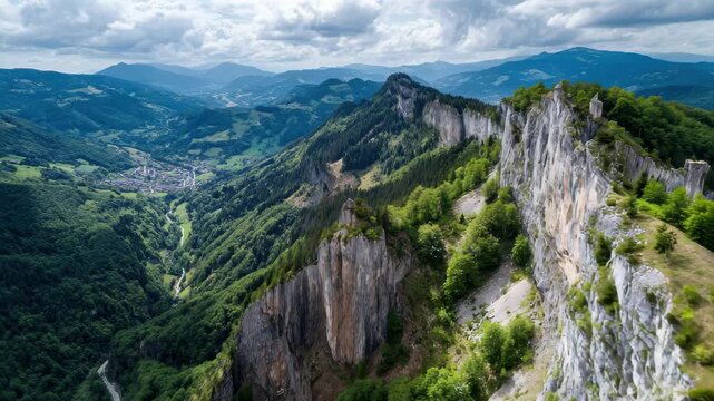 Majestic mountain landscape featuring steep cliffs and lush green valleys under a cloudy sky in a peaceful rural area