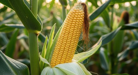 Golden Corn Cob Growing in a Lush Green Field.