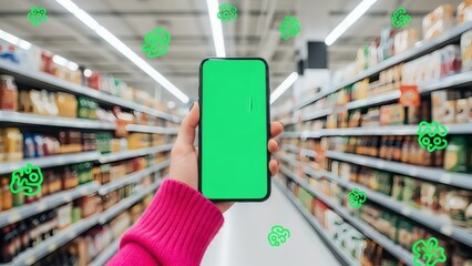 Future of Grocery Shopping Hand Holds Green Screen Smartphone in Aisle with Digital Overlays