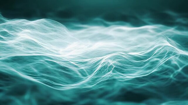 Glowing turquoise and deep blue waves of abstract energy flow like liquid motion, creating a soothing, futuristic background evoking oceanic currents and dynamic light patterns