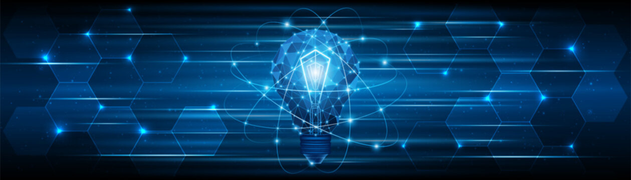 Creative light bulb technology. Innovation of electric light bulbs or future energy. Global internet connection concept for business.