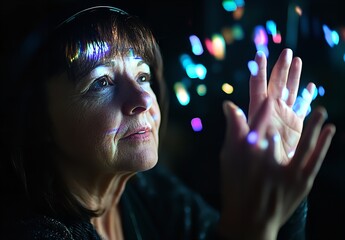 Woman interacting with colorful digital lights, futuristic technology, and innovation concept.