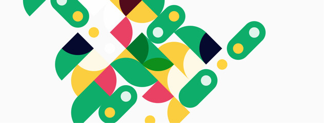 Abstract geometric shapes overlap, creating vibrant composition. Colors include green, yellow, pink, navy, white. Modern design elements present.