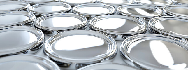 Endless rows of polished metallic circular shapes with bright reflections and shadows creating a modern abstract background.