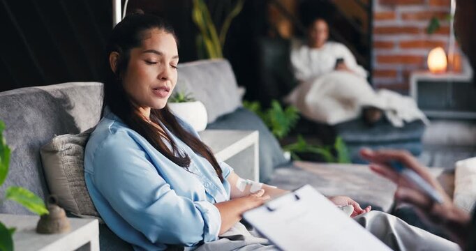 Doctor, woman and clipboard in clinic with iv drip for conversation, detox and hydration benefits. Healthcare worker, person and discussion with intravenous fluid, wellness and supplements checklist.