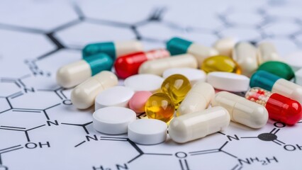 Pharmaceutical pills and vibrant capsules are displayed atop a precise chemical formula, representing medical science, drug discovery, and global health solutions