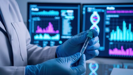 Professional scientist in blue gloves precisely handles a sample vial, with vibrant DNA helix and analytical data charting on glowing monitors, driving medical innovation