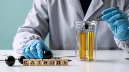 Researcher in blue gloves meticulously conducts a chemistry experiment with gold electrodes, exploring new breakthroughs in energy storage and cathode development