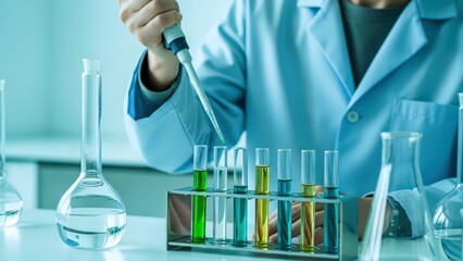 Researcher meticulously pipettes vibrant green liquid into a test tube, contributing to innovative solutions and scientific discovery within a modern, illuminated laboratory environment