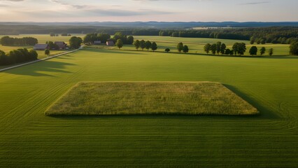 Aerial View of Green Agricultural Field with Crops and Trees.