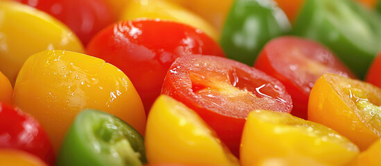 Vibrant Assortment of Fresh Cherry Tomatoes Red Yellow and Green Halved and Whole Showcasing Juicy Interiors and Dewdrops in Studio Lighting