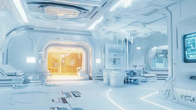 Futuristic spaceship or science laboratory interior appearing neglected and damaged, with ice formation, technological elements, glowing screens, and a door leading to a warmer compartment