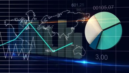 World map statistic data graph dark blue loop finance background video footage - Powered by Adobe