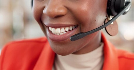 Mouth, woman and headset with smile at call centre for consultation, customer support and advice. Closeup, female agent and talking with mic for crm, telecom and helping client with online assistance