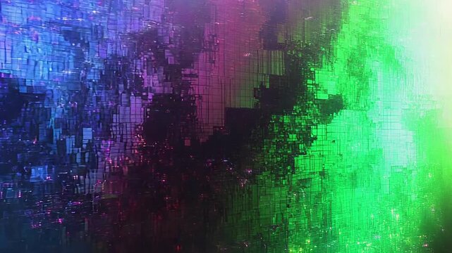 Digital square pixels forming a vibrant rainbow gradient, presenting an abstract texture with glowing particles suggesting data flow and connectivity in a futuristic system