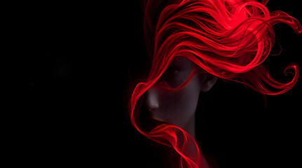 Obraz premium Mysterious woman emerges from vibrant swirling red smoke with dramatic dark background copy space for design projects