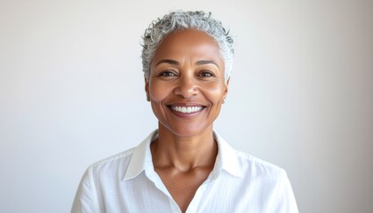 Smiling African American Woman, Mature, Gray Hair, Confident, Professional, Headshot