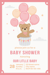 Baby shower invitation for baby girl. Card for kids new born celebration. Greeting card with teddy bear in hot air balloon.