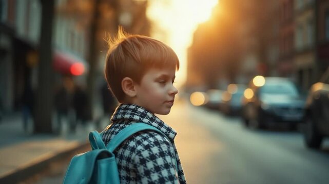 Video A young boy carrying a backpack walks down the street, a common scene of everyday life