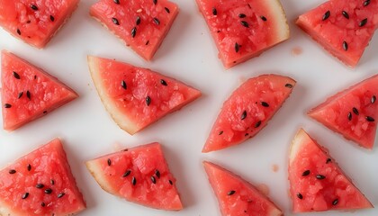 Slices of fresh, delicious red watermelon with black seeds are separated.  These adorable fruit fragments are positioned on a clear backdrop, available as a crisp PNG.