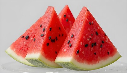 Slices of fresh, delicious red watermelon with black seeds are separated.  These adorable fruit fragments are positioned on a clear backdrop, available as a crisp PNG.