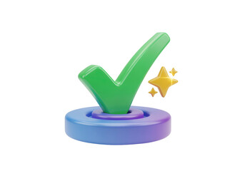 A 3D icon of a completion icon with a checkmark, symbolizing a finished task and a completed goal, with a star for a successful completion.