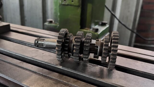 A disassembled group of metal gears and a shaft resting on an industrial machine table 