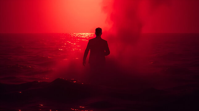 Stunning silhouette of a determined man facing the vibrant, fiery red ocean sunset symbolizing challenge and triumph