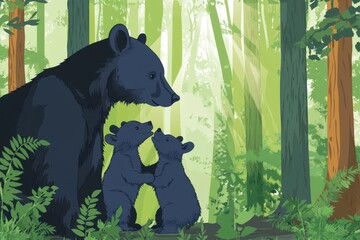 Minimalistic illustration of a bear family in a sunlit forest setting