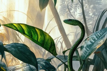 Bright green snake in lush jungle foliage - minimalistic nature concept
