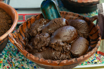 Mole stall in Mexican street market. Mole, typical Mexican sauce.