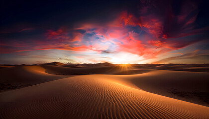 Golden Desert Dunes At Sunset With Dramatic Sky And Sunburst Glow