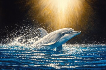 Minimalistic dolphin illustration in blue sea capturing nature's beauty for ocean-themed designs