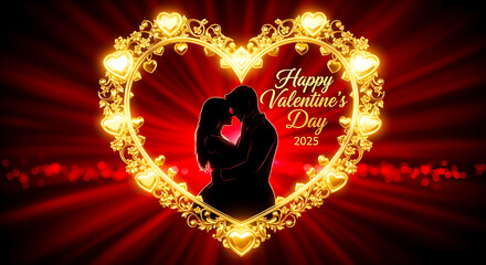 Golden Heart Frame Embracing Couple Silhouette For Valentine's Day 2025 Romantic Celebration
