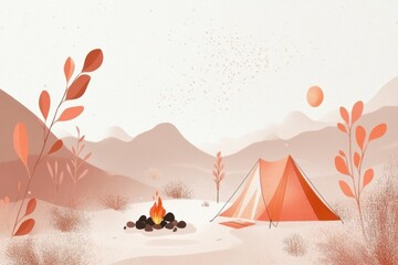 Minimalistic camping scene with tent and campfire for outdoor adventure design