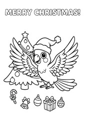Obraz premium Christmas coloring page with festive parrot and Christmas tree