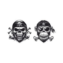 vintage drawing of a grinning Pirate Skull wearing a tattered bandana with crossed bones, flanked by long crossbones