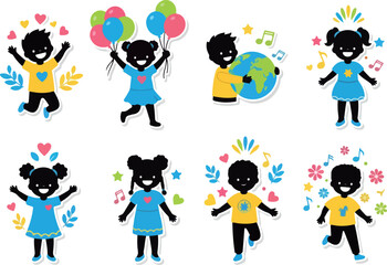 Diverse Children Cliparts with Hearts and Stars for Educational Design