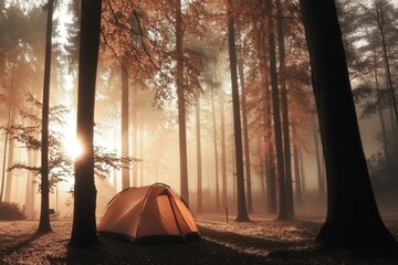 Minimalistic illustration of a tranquil forest with sunlit tent