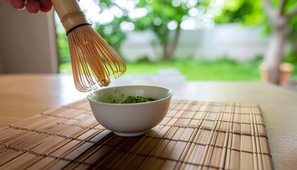 Close up of a bamboo whisk preparing matcha tea in a white bowl on a wooden mat.