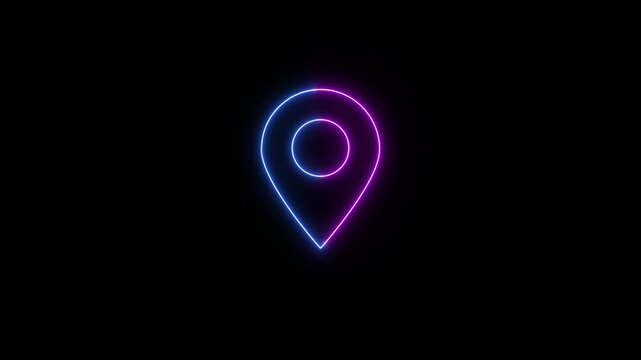 Glowing neon looped location icon fast tracking map pin icon animation on black background.