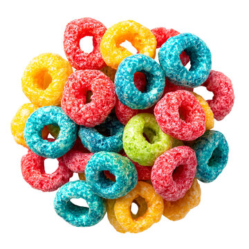 A vibrant pile of colorful fruit loops cereal isolated on a black background
