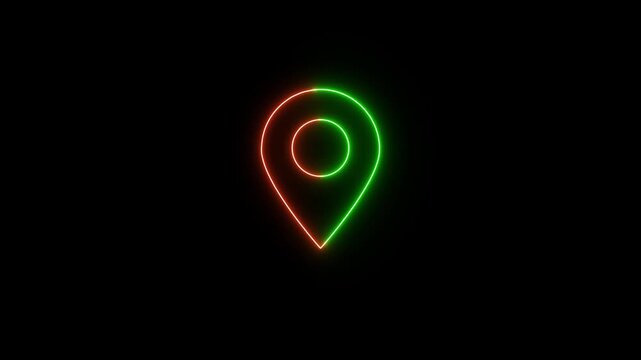 Glowing neon looped location icon fast tracking map pin icon animation on black background.