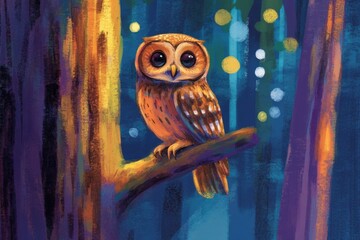 Enchanting owl in mystical forest at night - minimalistic illustration for nature-themed design