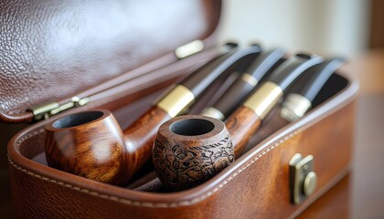 Collection of Classic Wooden Smoking Pipes in a Leather Case.